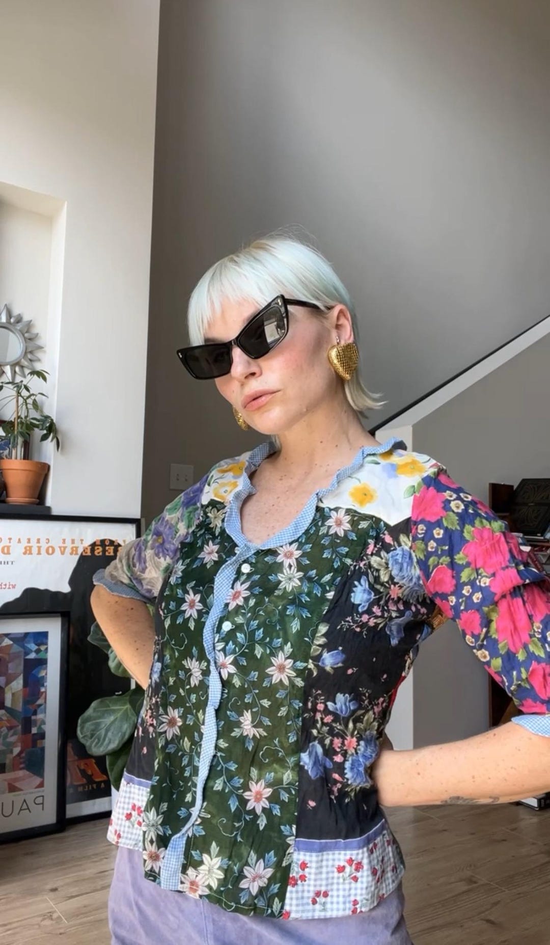Vintage Patchwork V-Neck Blouse