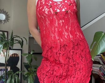 VTG 80s Cinema Etoile Red Strawberry Lace Slip