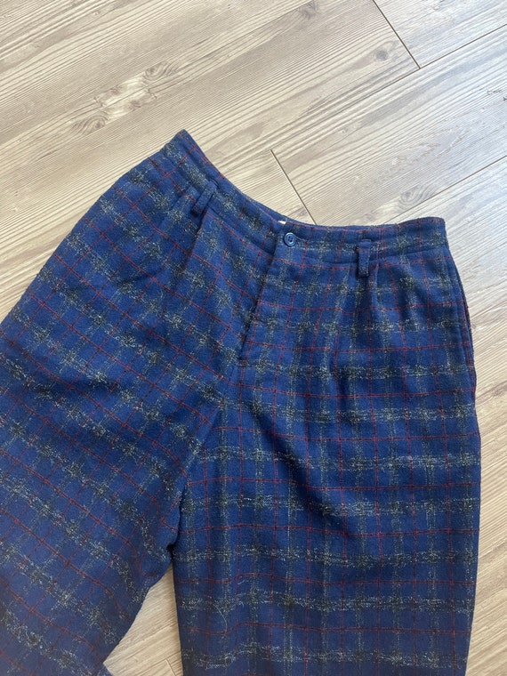 VTG 80s Navy Blue Plaid Wool Blend Trousers - image 4