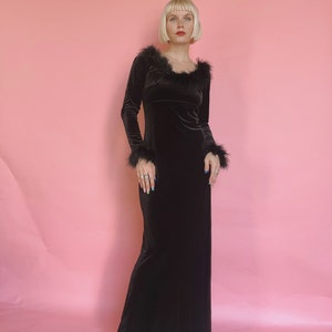 90s Scott McClintock Black Velvet Gown w/ Feather Trim