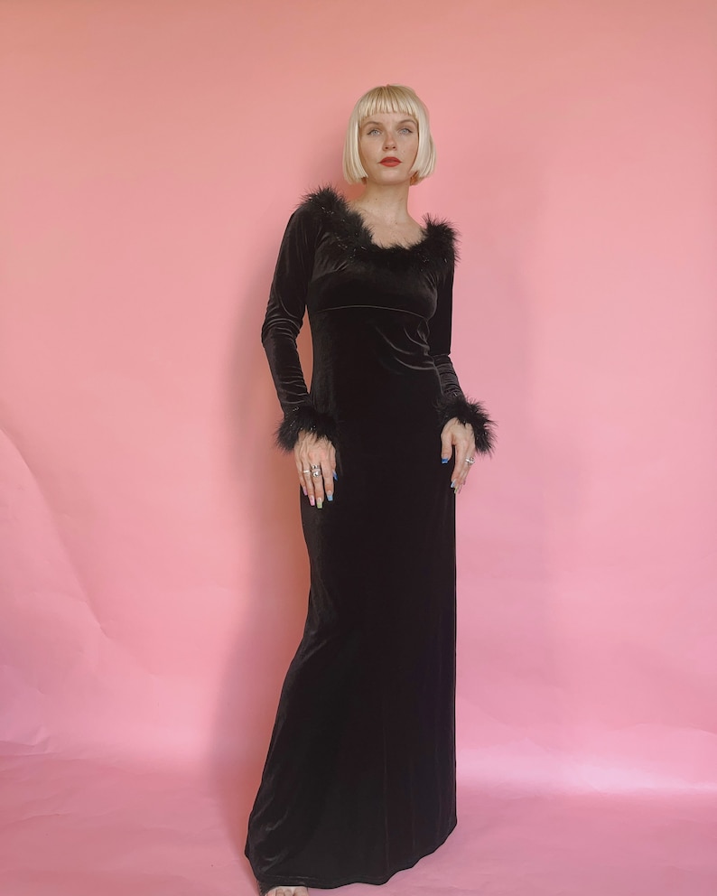 90s Scott McClintock Black Velvet Gown w/ Feather Trim image 1