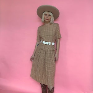 vintage - Robe basque marron clair et blanche à pois