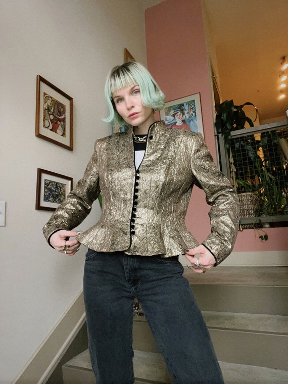 VTG 90s Textured Metallic Gold Foil Peplum Fitted Blazer