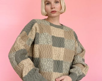 VTG 80s Olive/Beige Wool Checkered Sweater (as is)