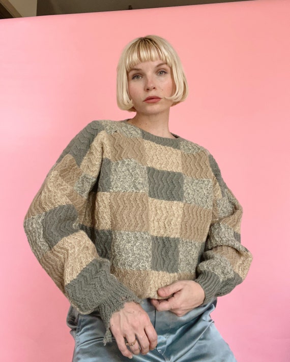 VTG 80s Olive/Beige Wool Checkered Sweater (as is)