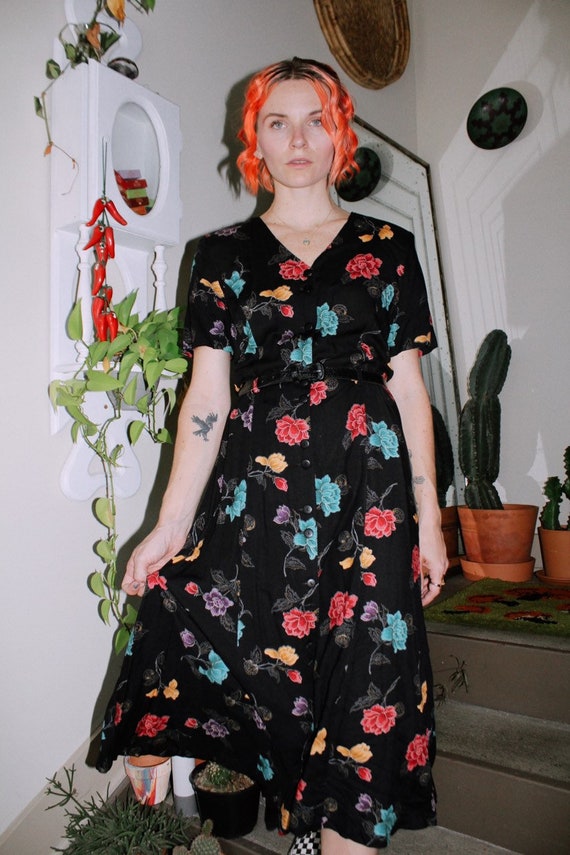 Belted Black Floral Dress - image 2