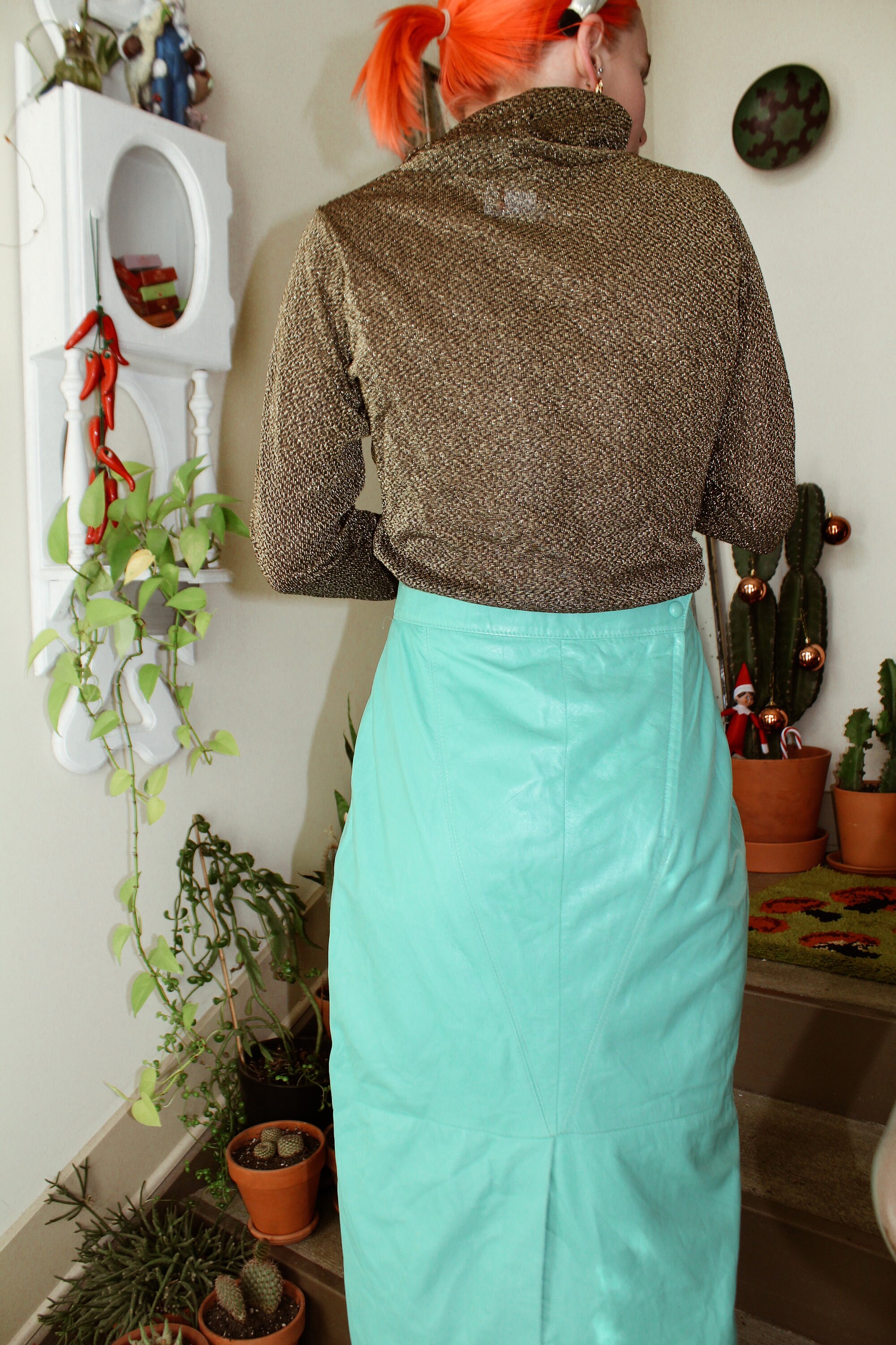 Blue Leather Midi Skirt