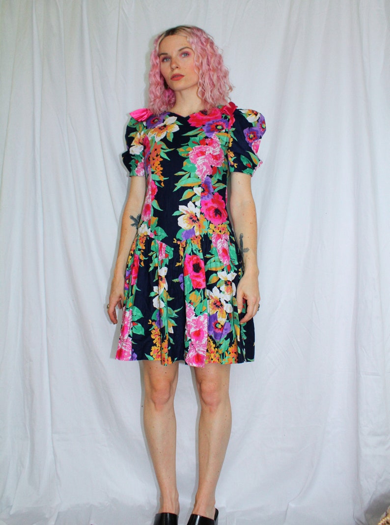 Drop Waist Floral Print Dress Vintage 80s