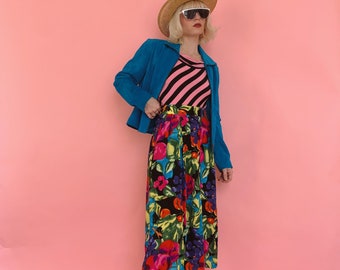 Vintage 80s Bright Floral Midi Skirt