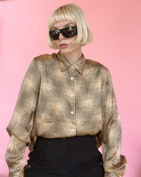VTG 90s/Y2K Tan/Black OPI Silk Blouse