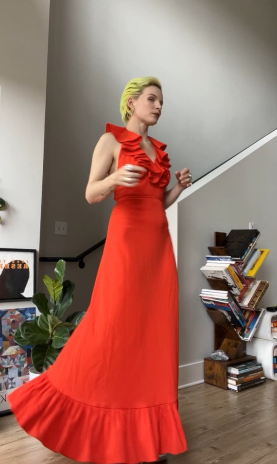 VTG 70s Red Maxi Ruffle Halter Dress