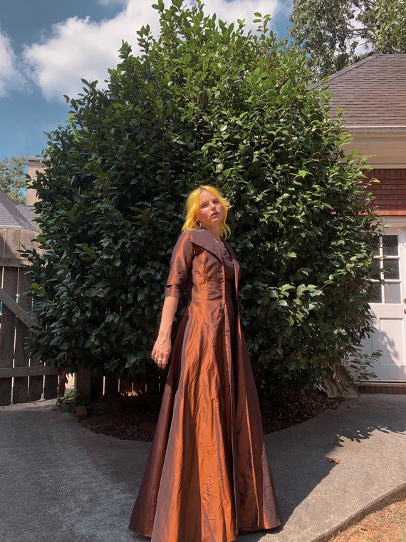 Vintage 60s Bronze Silk Gown/Jacket Set with Matching Belt