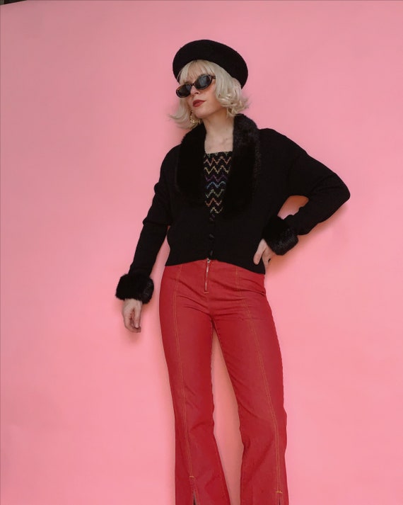 Vintage 90s Black Wool Cardigan with Faux Fur Trim