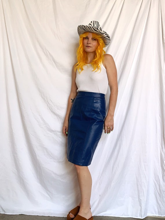 80s Cobalt Blue Leather Pencil Skirt