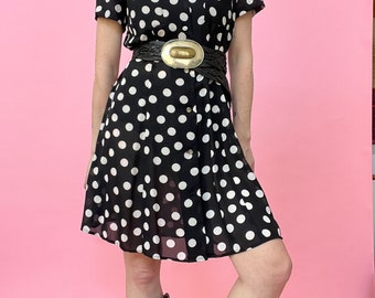 VTG 90s B+W Polka Dot Button Down Dress