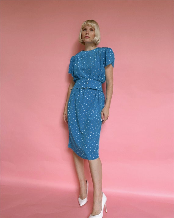 Vintage 80s Bright Blue Abstract Dot Liz Claiborne Dress
