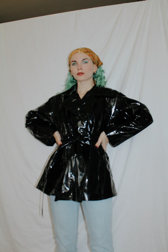 Vintage 1990s | Black Vinyl Belted Jacket