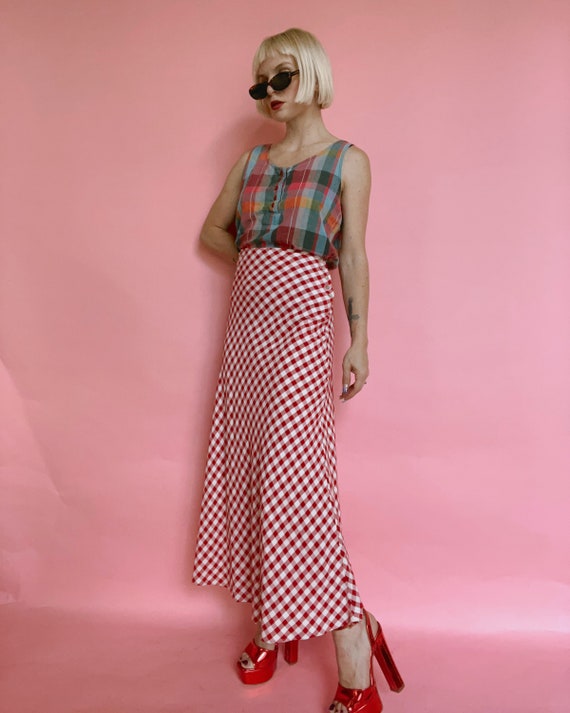 Vintage 90s Express Red Gingham Midi Skirt