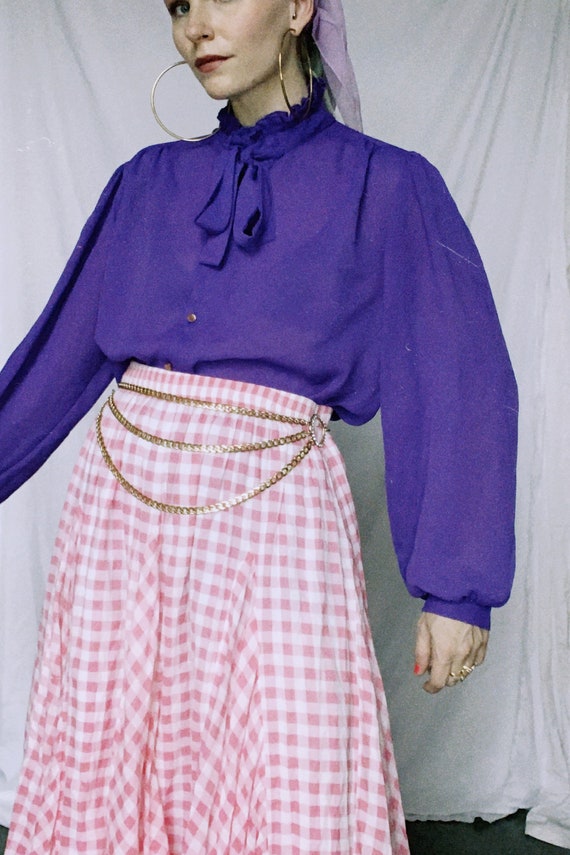 Vintage 80s | Violet Poly Blouse with Ruffle & Necktie