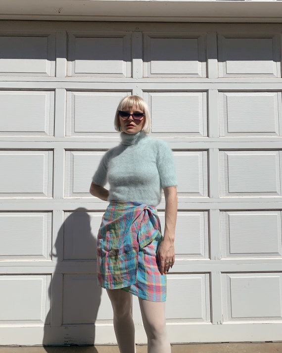 Vintage 90s Pastel Plaid Linen Wrap Skirt - image 2