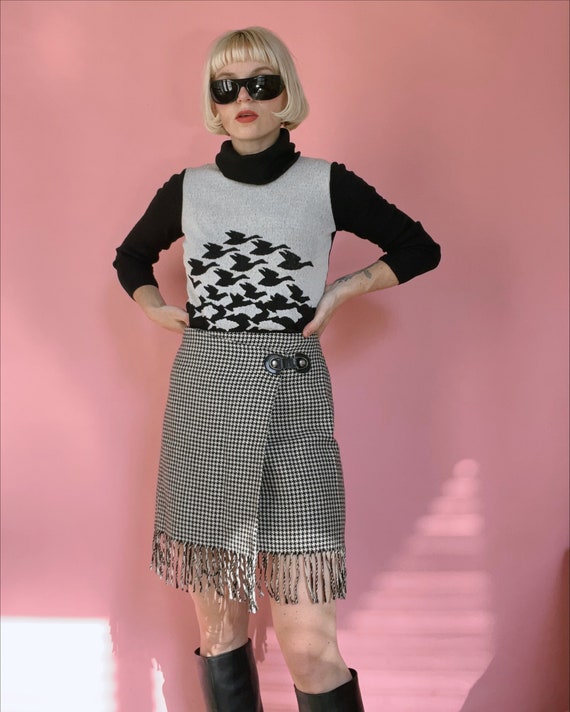 VTG 90s Houndstooth Wrap Skirt w/ Fringe