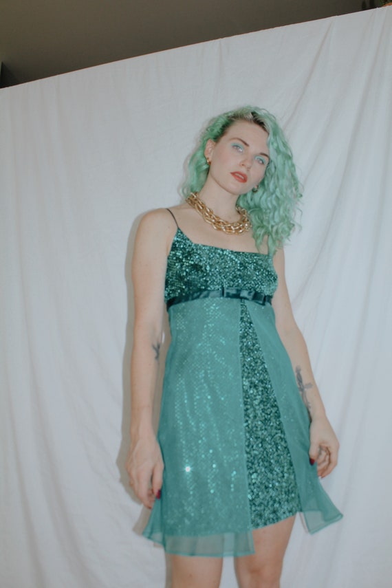 Vintage 1990s | Teal Empire Waist Mini