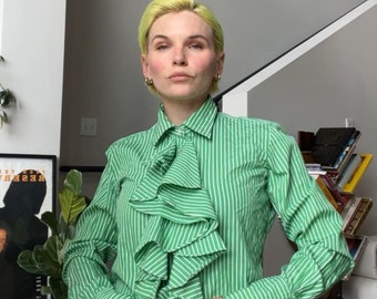 VTG Blue Label RL Green Pinstripe Ruffle Blouse