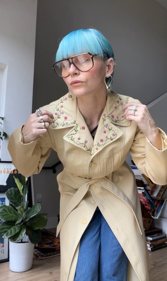 VTG 70s Butter Yellow Hand Embroidered Trench Coat