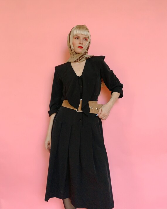 Vintage 80s Drop Waist Black Collared Dress