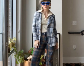 VTG 70s Double Poly Knit Plaid Blazer