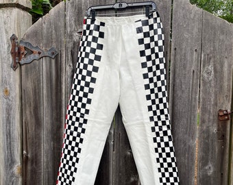 Hand Painted VTG Leather Pants in Checkered Racing Stripe