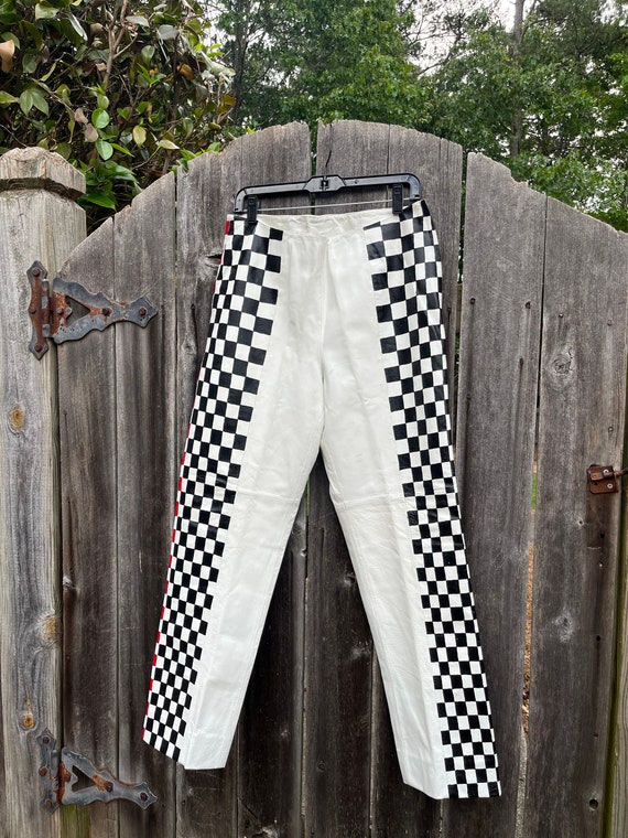 Hand Painted VTG Leather Pants in Checkered Racing Stripe