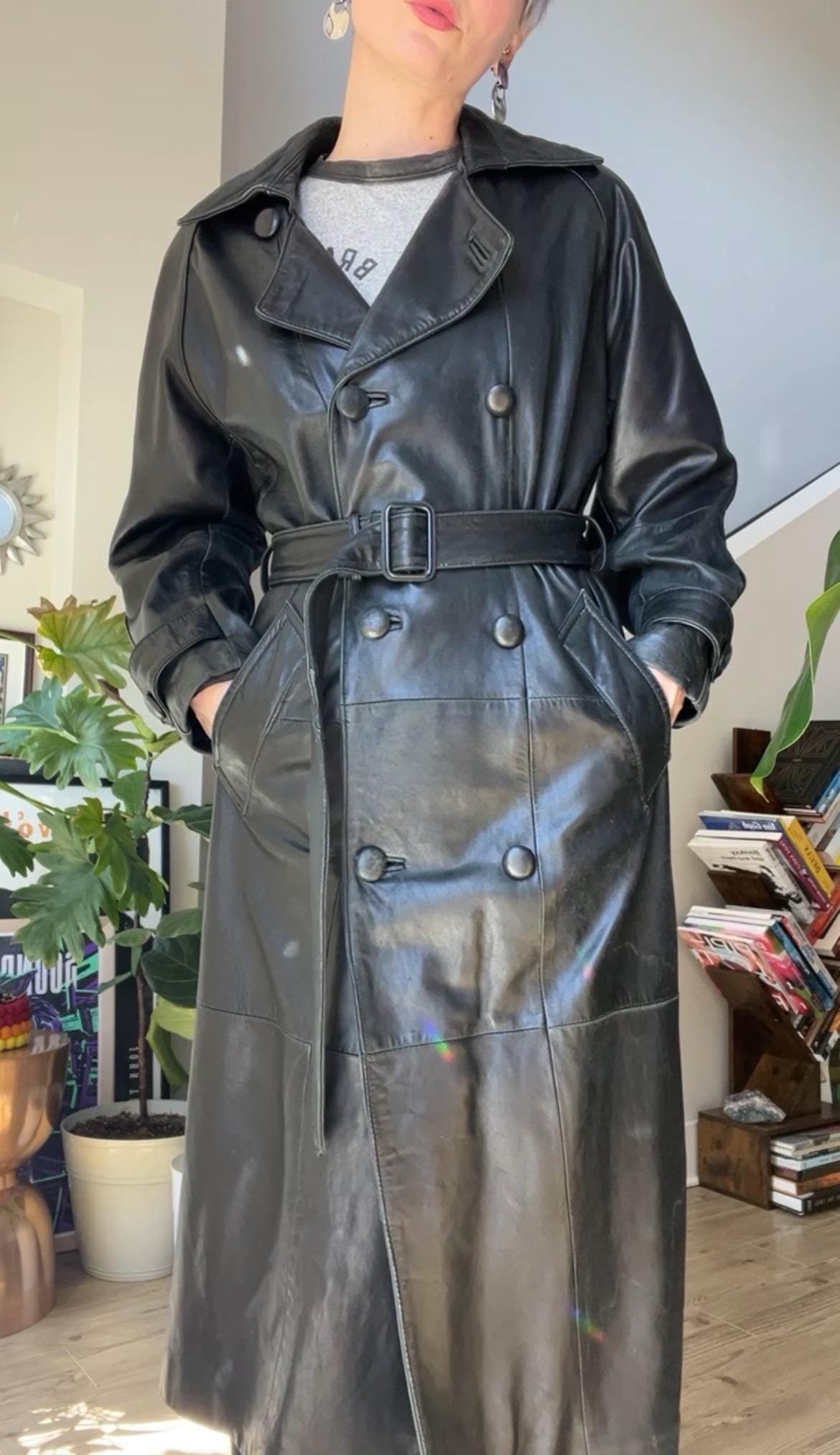 VTG 90s Black Leather Trench Coat - Etsy