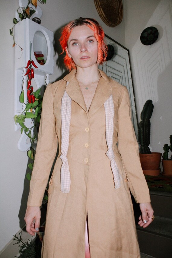 70s Tan Coat with Gingham Tie - image 2