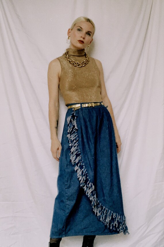 Vintage 70s | Frayed Denim Tulip Midi Skirt