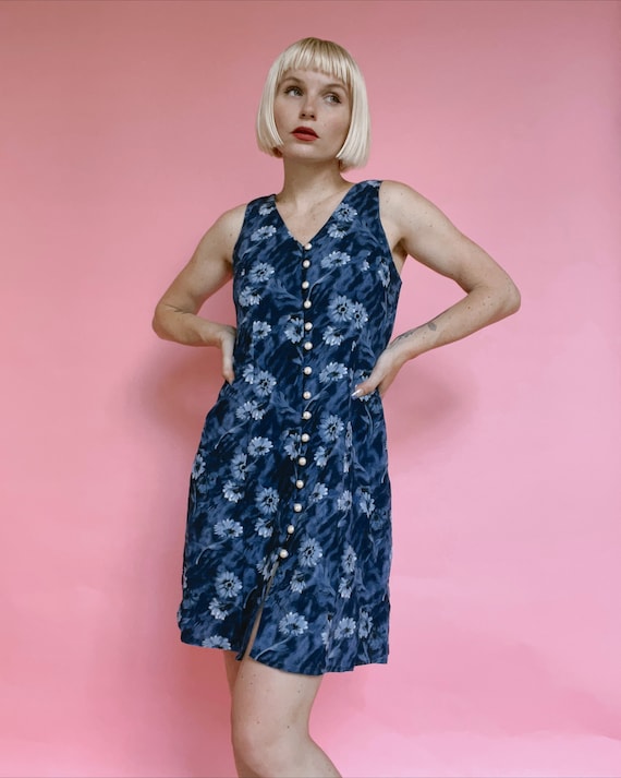 Vintage 90s Blue Floral Button Down Dress