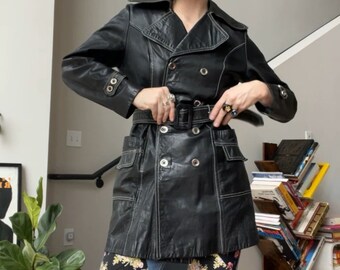 VTG 70s Black Leather Belted Coat