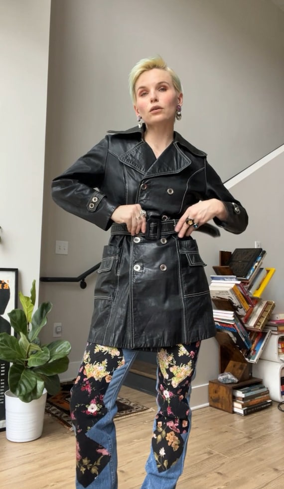 VTG 70s Black Leather Belted Coat