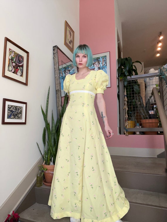 VTG 70s Yellow Floral Swiss Dot Maxi Dress