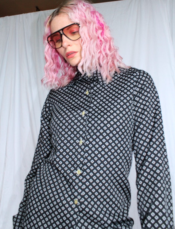 Vintage 70s | Black and White Printed Blouse - image 1