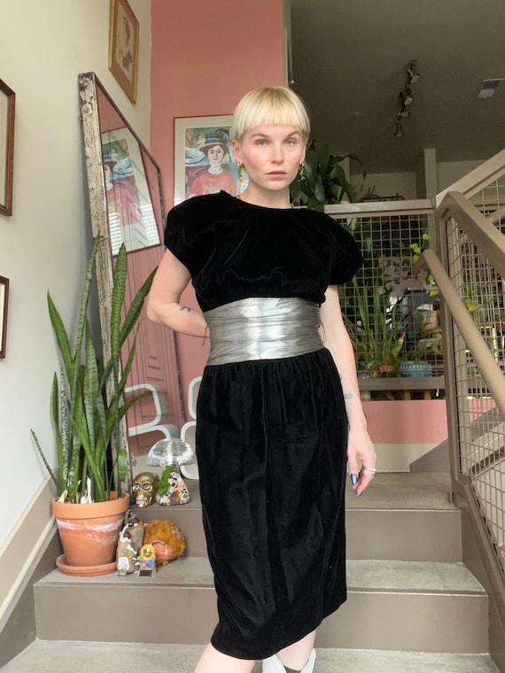 VTG 80s Black Velvet Dress with Silver Metallic Waist