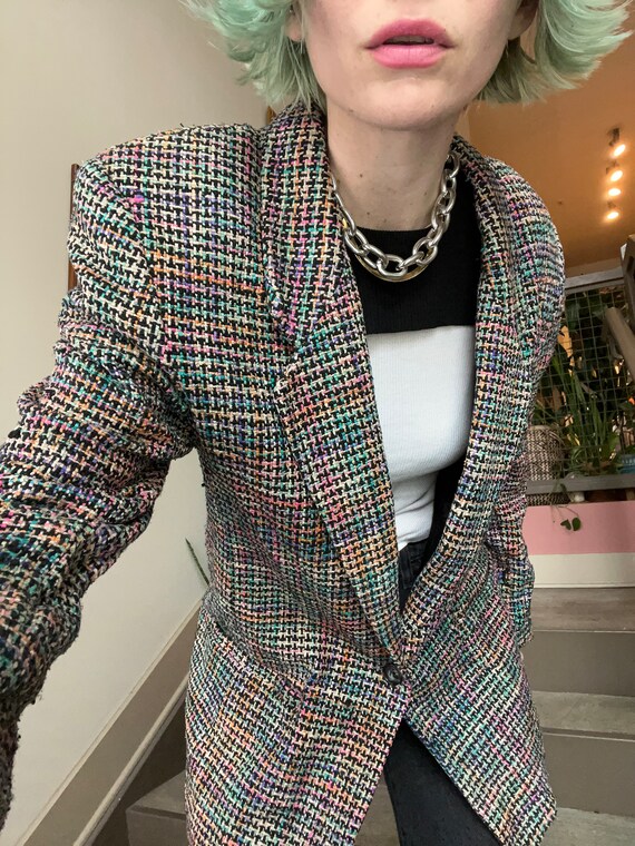 VTG 80s Hand Woven Silk Pastel Blazer
