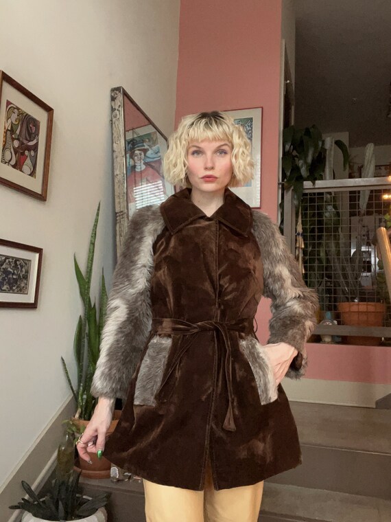 VTG 70s Faux Suede Faux Fur Coat