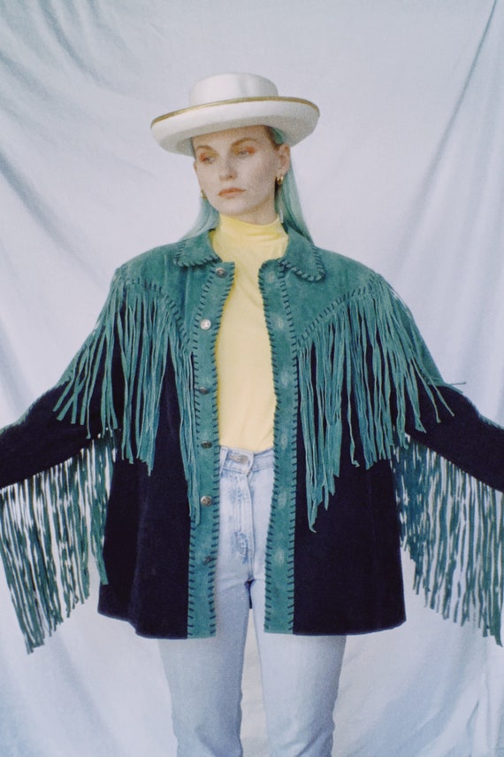 Vintage 80s | Bob Mackie Emerald Fringe Suede Jack