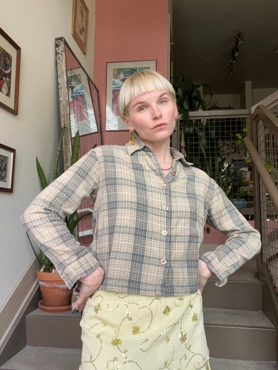 VTG 90s Cotton Plaid Cropped Blouse