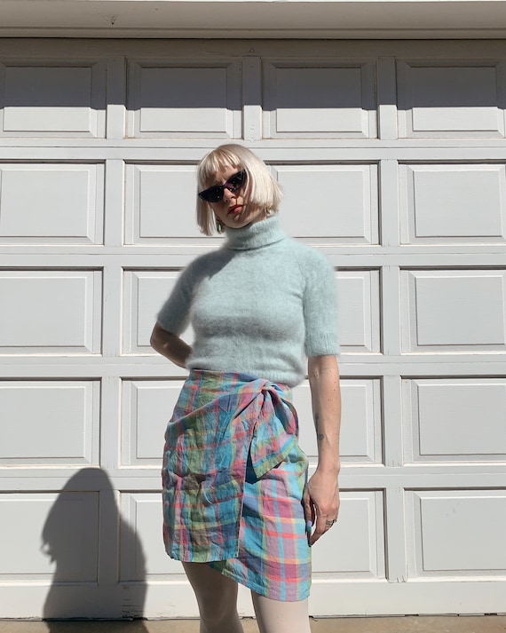 Vintage 90s Pastel Plaid Linen Wrap Skirt