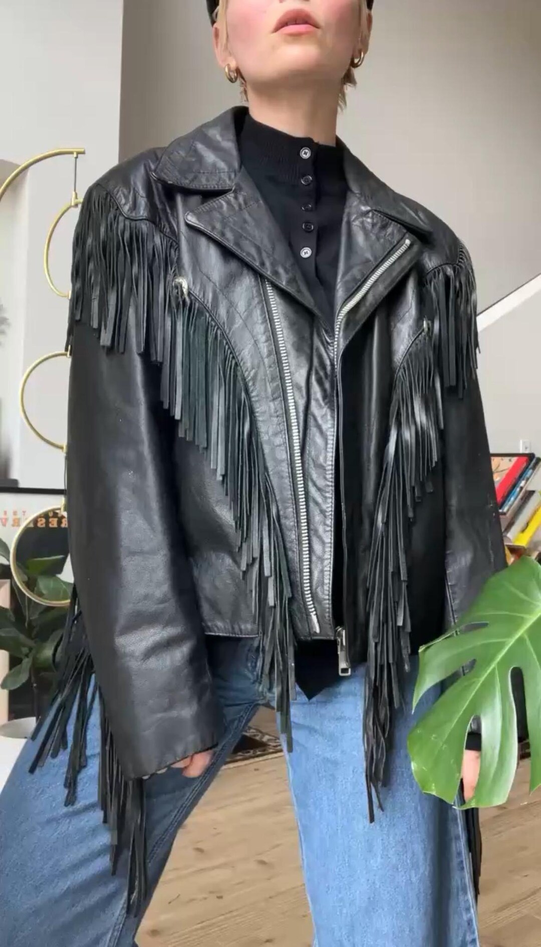 VTG 80s Black Leather Fringe Motorcycle Jacket - Etsy