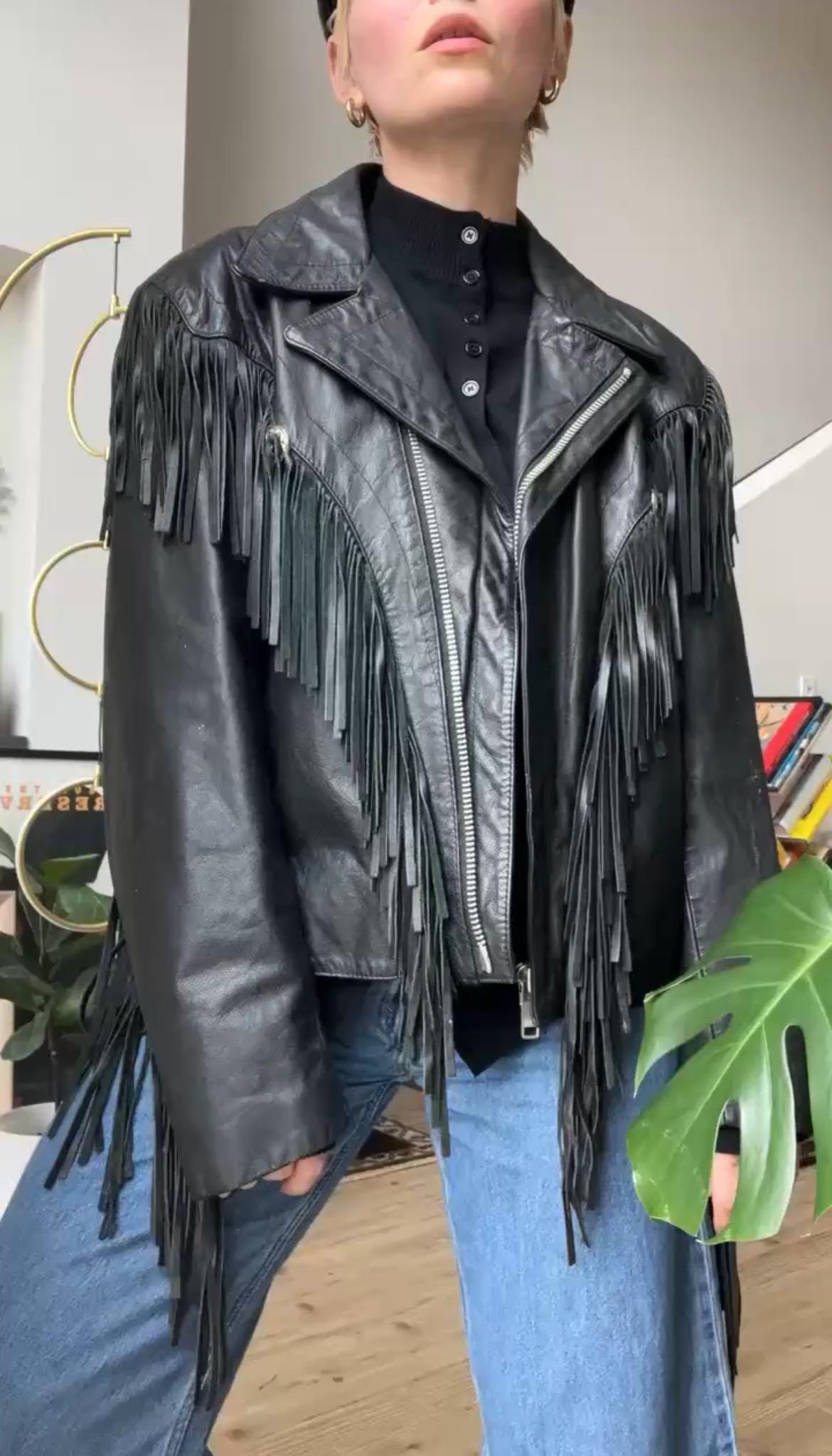 VTG 80年代 ブラックレザーフリンジモーターサイクルジャケット - Etsy