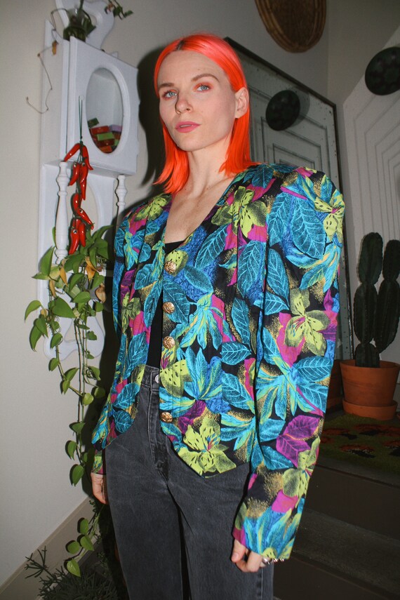 80s Floral Quilted Puff Shoulder Cropped Jacket