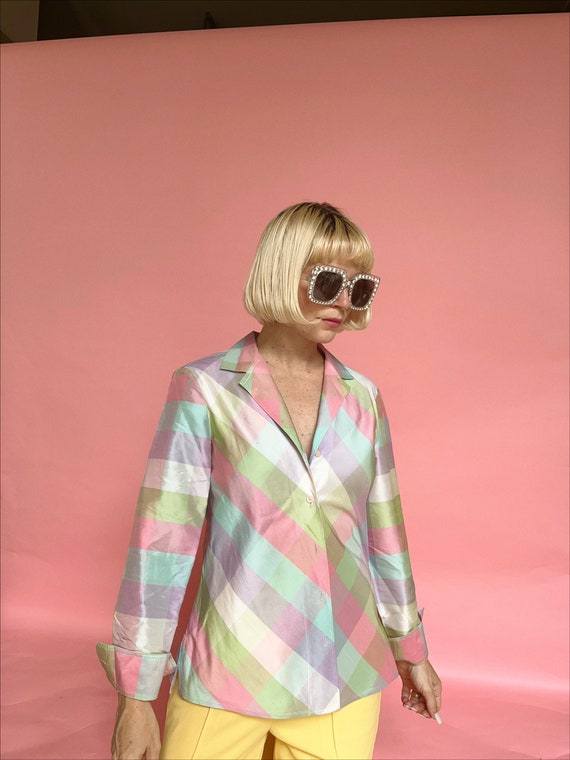 Vintage 90s Pastel Check Silk Blouse